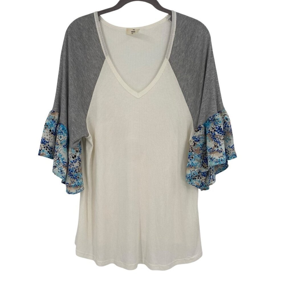Entro Size Large White Ribbed Top Blue Ruffle Half Sleeve Boho NO SIZE TAG